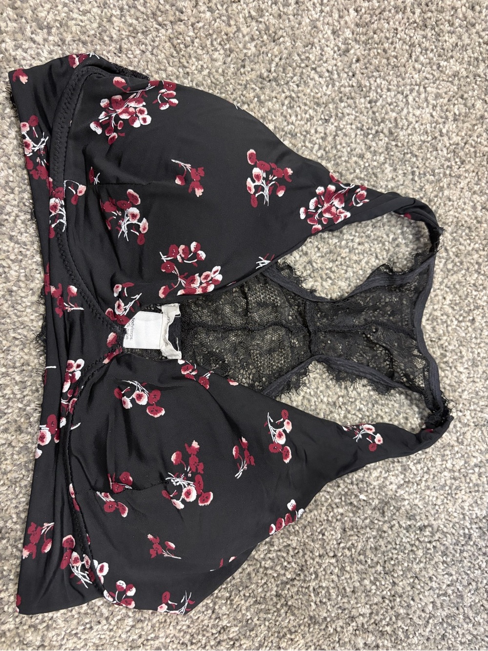 Maurices Floral Lace Back bralette in Black & reddish purple. Size Large